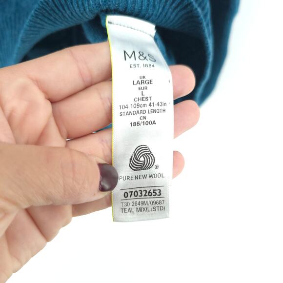 M&S Collection Mens Blue Teal 100% Extra Fine Lambswool Cozy Sweater V-Neck| L - Picture 5 of 10